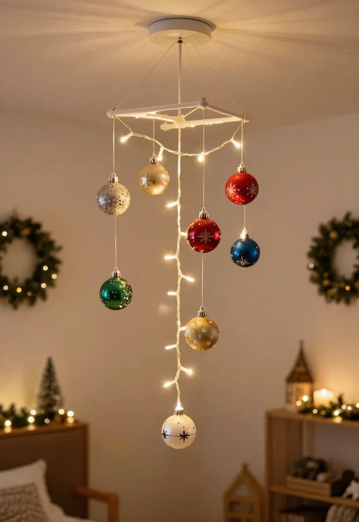 15 Christmas Lights on Ceiling Concepts That Hide the Cords - 7. Holiday-Themed Mobile 1