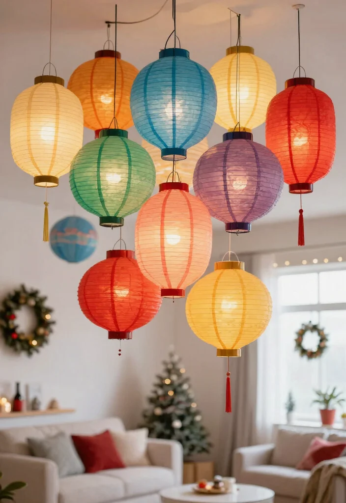 15 Christmas Lights on Ceiling Concepts That Hide the Cords - 9. Festive Paper Lanterns 1
