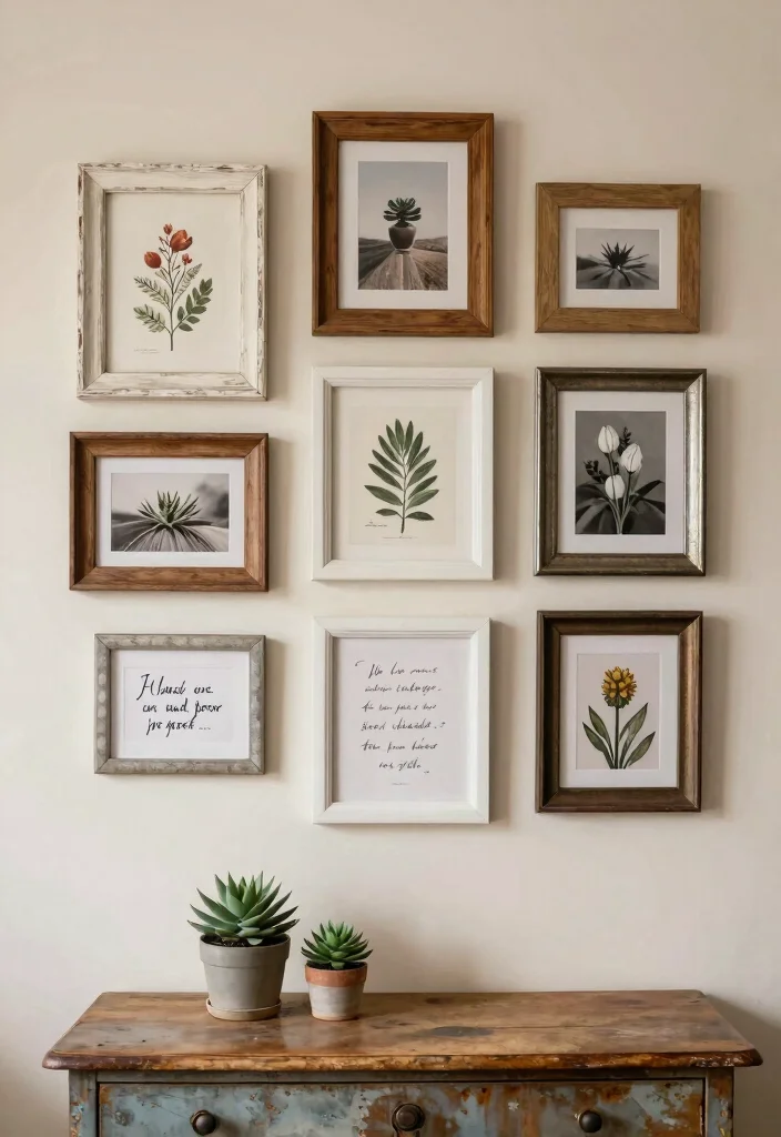 15 Farmhouse Gallery Wall Ideas That Work in Small Hallways - 1. Eclectic Mix of Frames 1