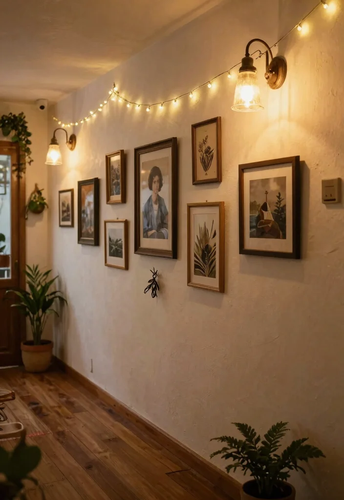 15 Farmhouse Gallery Wall Ideas That Work in Small Hallways - 14. Rustic Lighting Fixtures 1