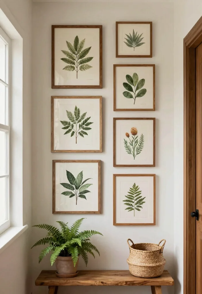 15 Farmhouse Gallery Wall Ideas That Work in Small Hallways - 2. Botanical Prints for a Fresh Feel 1
