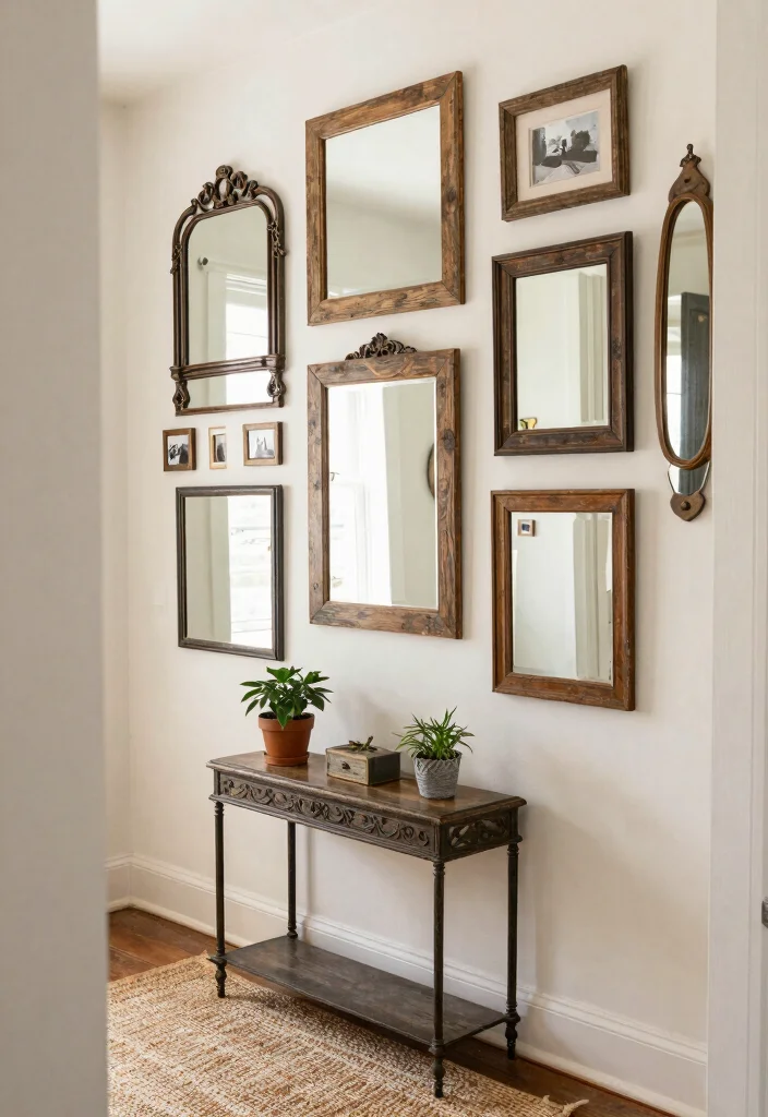 15 Farmhouse Gallery Wall Ideas That Work in Small Hallways - 3. Vintage Mirrors to Expand Space 1