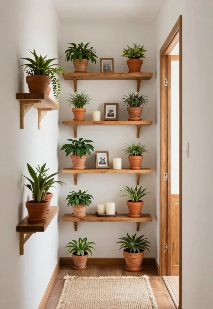 15 Farmhouse Gallery Wall Ideas That Work in Small Hallways - 4. Simple Wooden Shelves with Decor 1