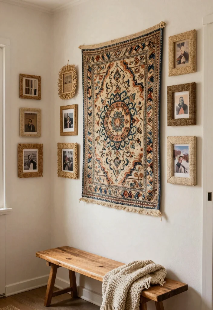 15 Farmhouse Gallery Wall Ideas That Work in Small Hallways - 6. Layered Textures with Fabric 1