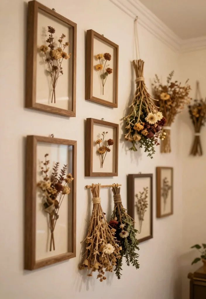 15 Farmhouse Gallery Wall Ideas That Work in Small Hallways - 7. Dried Floral Arrangements 1