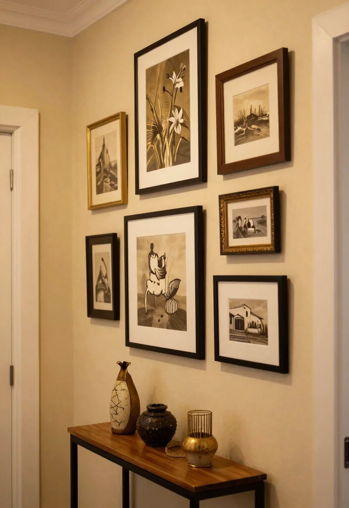15 Farmhouse Gallery Wall Ideas That Work in Small Hallways - 9. Arranging with Heights in Mind 1