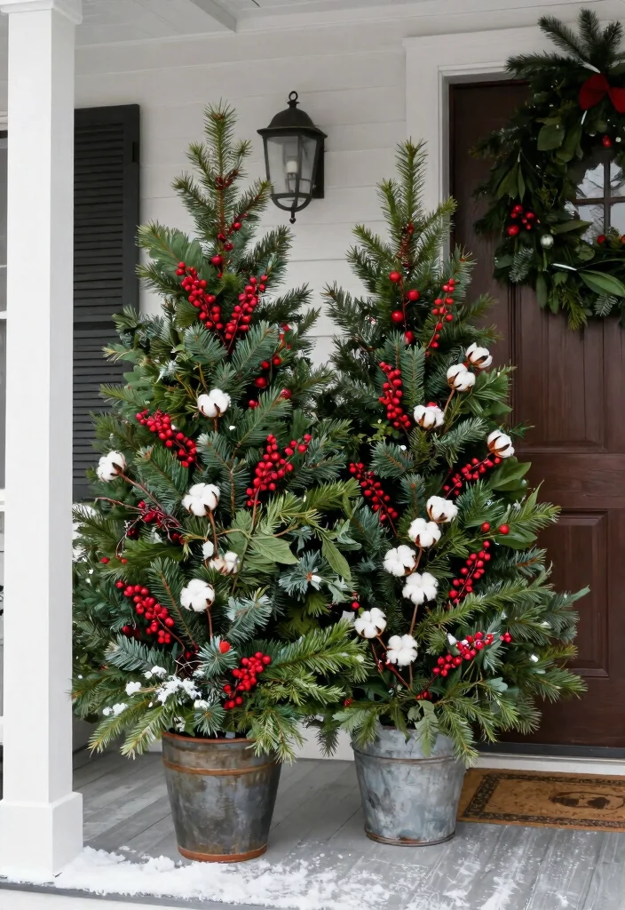 15 Holiday Porch Pots That Survive Freezing Temps - 11. Traditional Holiday Greens with a Twist 1