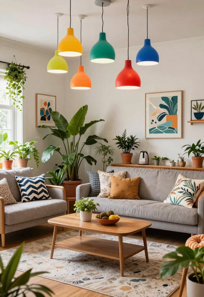 15 Living Room Ceiling Lights That Work in Low-Ceiling Spaces - 13. Colorful Drop Lights 1