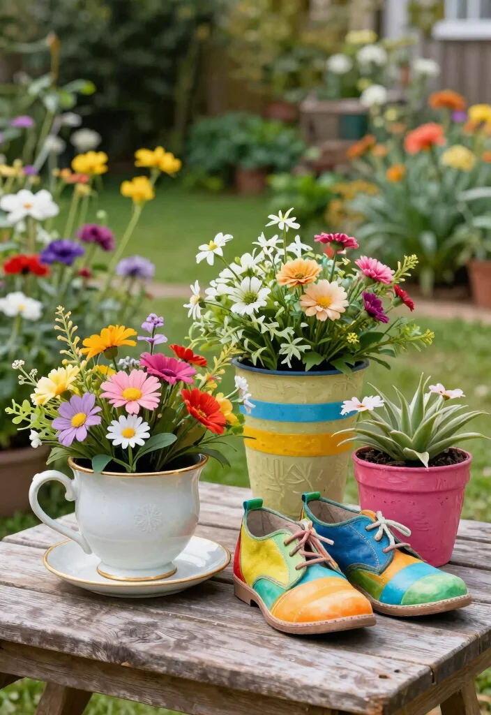 15 Outdoor Fake Flower Pot Ideas That Actually Look Real - 10. Upcycled Containers 1