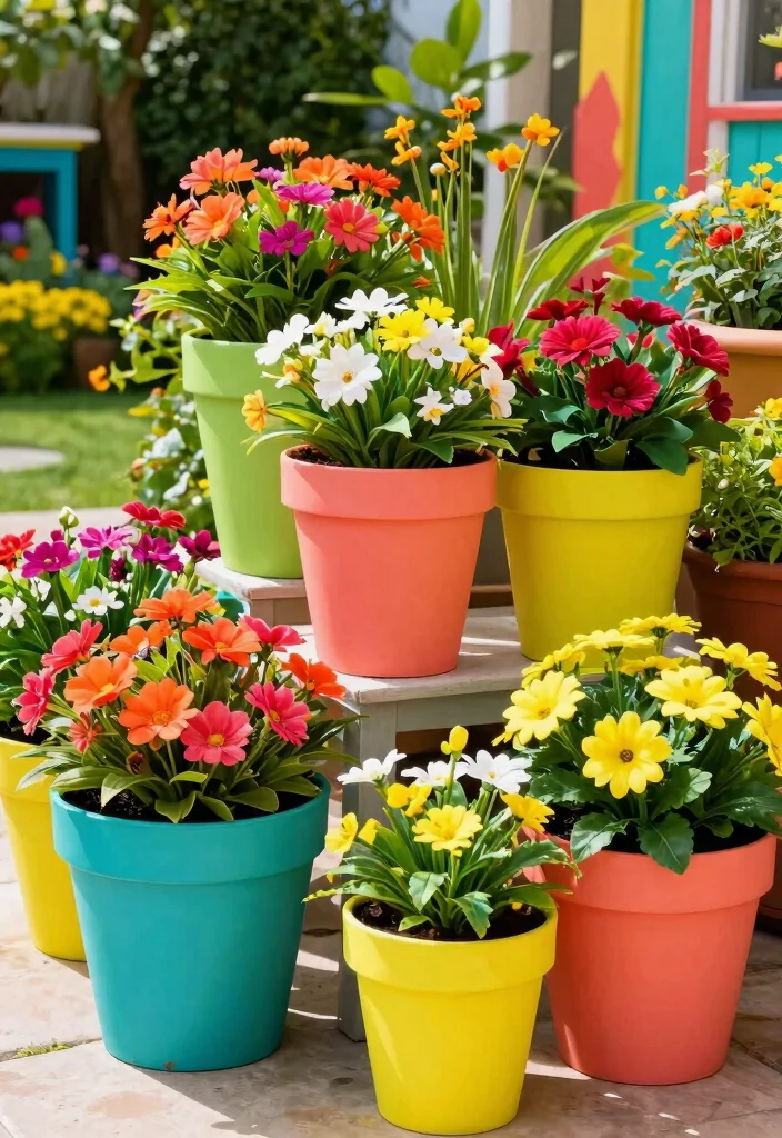15 Outdoor Fake Flower Pot Ideas That Actually Look Real - 12. Color Blocked Flower Pots 1