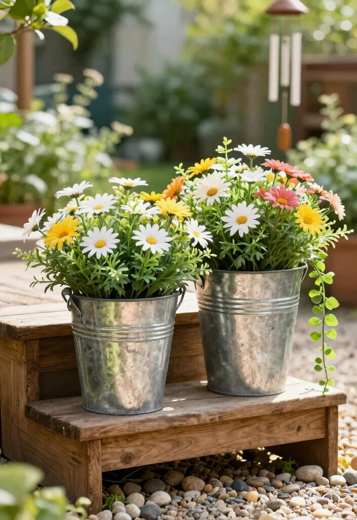 15 Outdoor Fake Flower Pot Ideas That Actually Look Real - 2. Vintage Metal Buckets 1