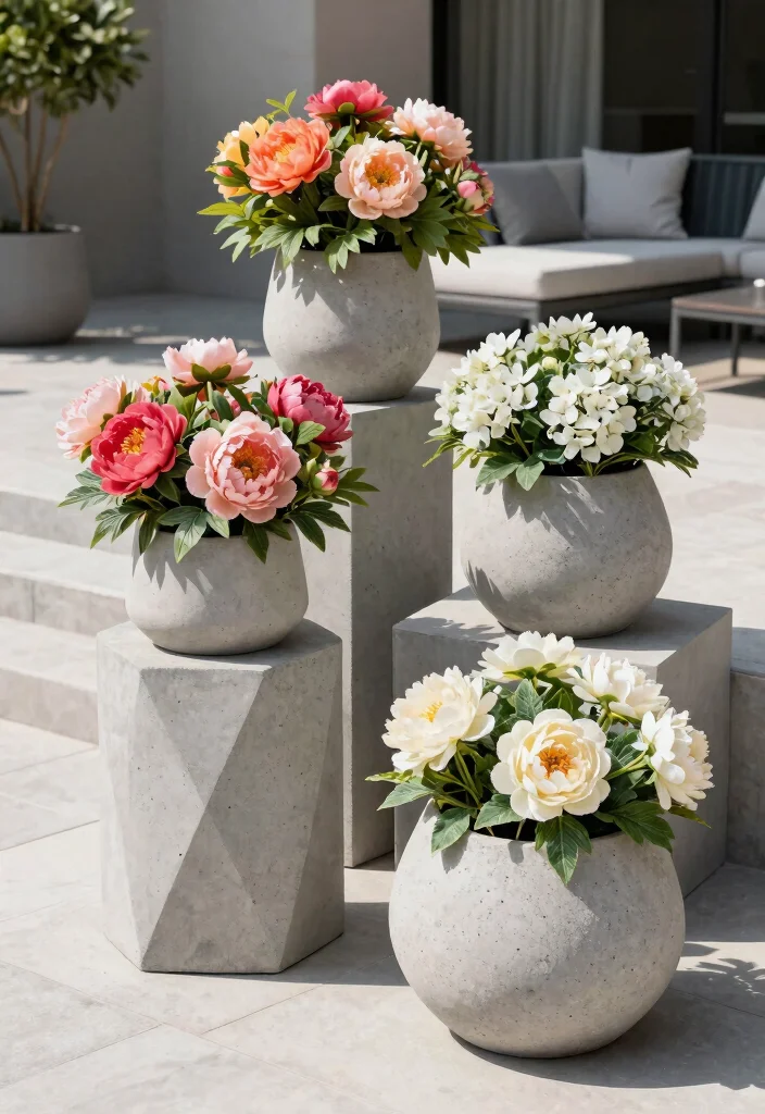 15 Outdoor Fake Flower Pot Ideas That Actually Look Real - 3. Chic Concrete Planters 1