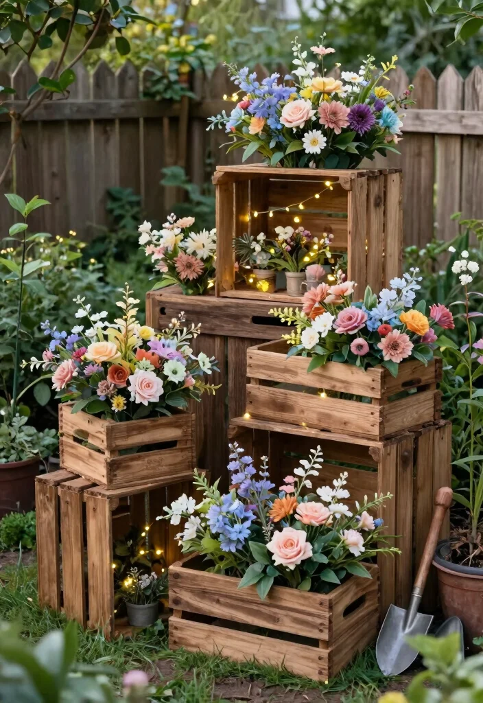 15 Outdoor Fake Flower Pot Ideas That Actually Look Real - 6. Rustic Wooden Crates 1