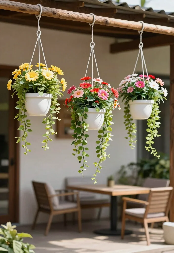 15 Outdoor Fake Flower Pot Ideas That Actually Look Real - 8. Minimalist Hanging Baskets 1