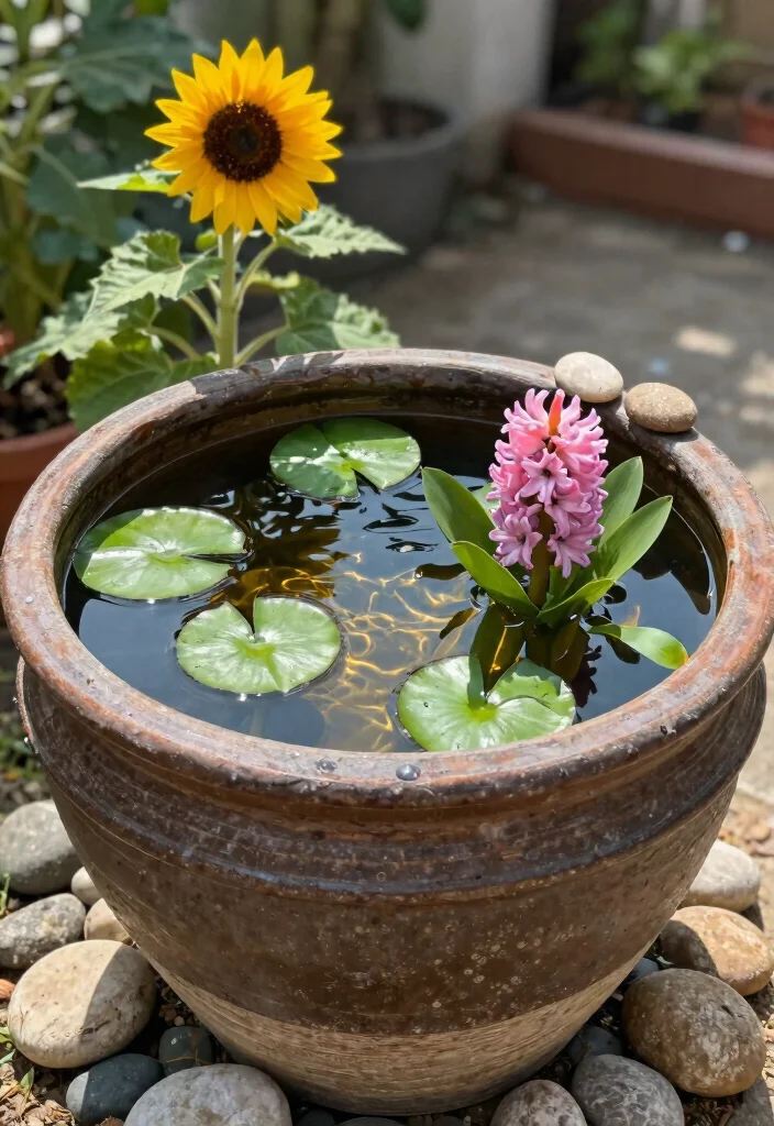 15 Small Backyard Pond Ideas That Don't Need Electric Pumps - 2. DIY Mini Pond in a Container 1