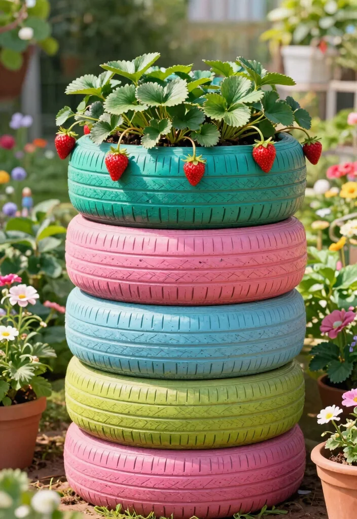 15 Strawberry Planter Concepts That Prevent Rot and Maximize Yield - 12. Upcycled Tire Planter 1