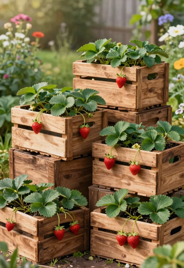 15 Strawberry Planter Concepts That Prevent Rot and Maximize Yield - 3. Stacked Wooden Crates 1