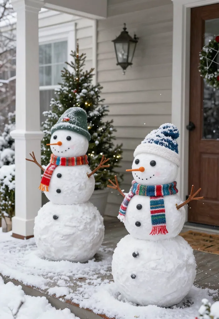 15 Xmas Porch Decor Ideas That Survive Weather Through New Year - 10. Snowman Planters 1