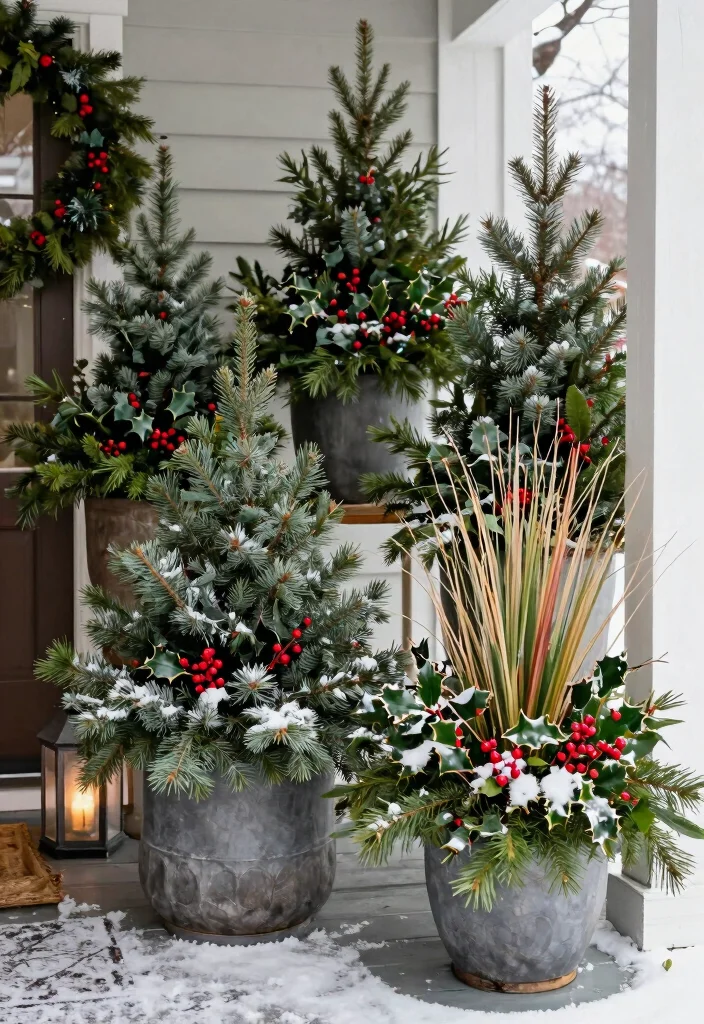 15 Xmas Porch Decor Ideas That Survive Weather Through New Year - 5. Holiday Planters with Seasonal Foliage 1