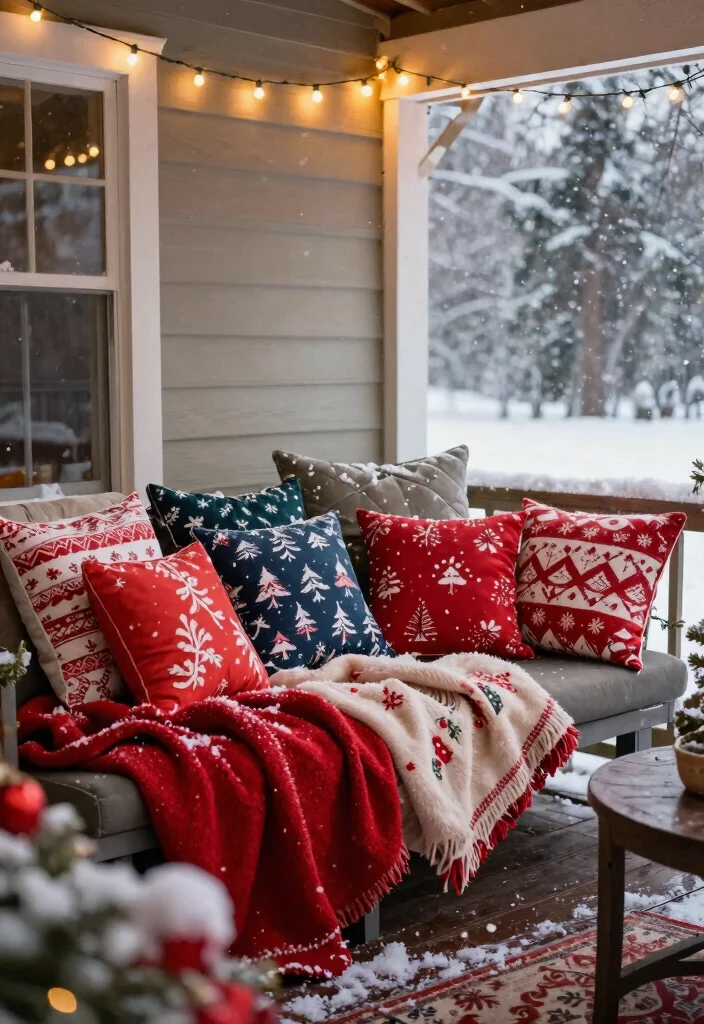 15 Xmas Porch Decor Ideas That Survive Weather Through New Year - 6. Cozy Textiles for Comfort 1