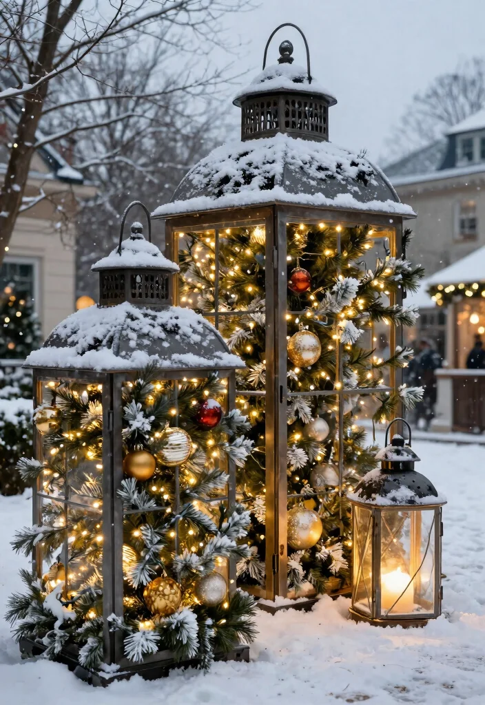 18 Christmas Planter Ideas That Stay Festive Through Freeze and Thaw - 15. Themed Lantern Planters 1
