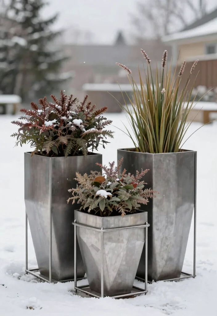 18 Christmas Planter Ideas That Stay Festive Through Freeze and Thaw - 17. Contemporary Metal Planters 1