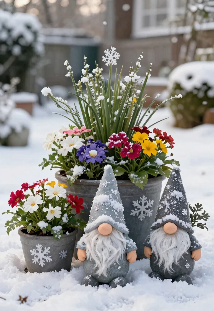 18 Christmas Planter Ideas That Stay Festive Through Freeze and Thaw - 8. Whimsical Gnome Planters 1