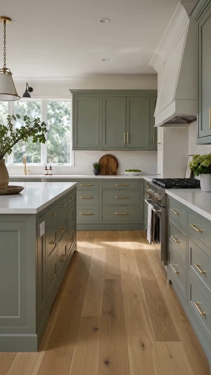 Sage green kitchen cabinets with white countertops and light wood floors in a bright room.