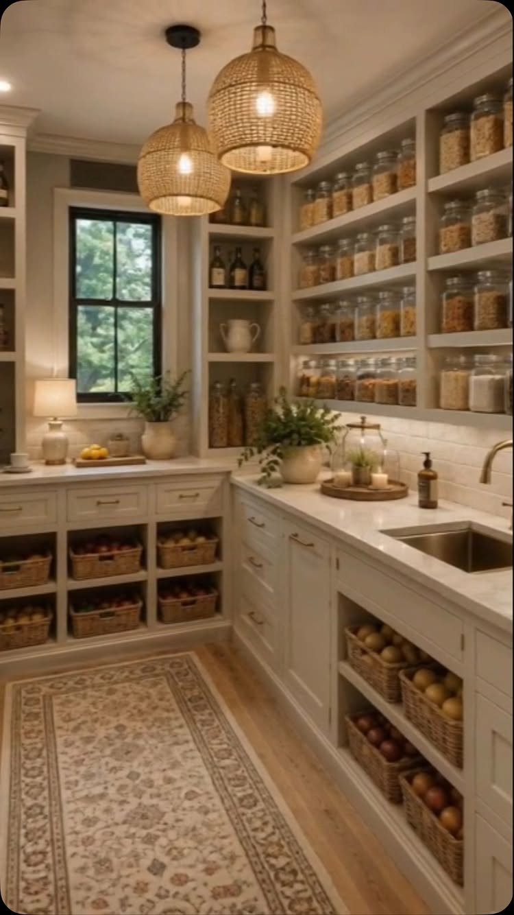 White custom pantry cabinetry with open shelving, glass jars, and woven baskets in a bright kitchen.