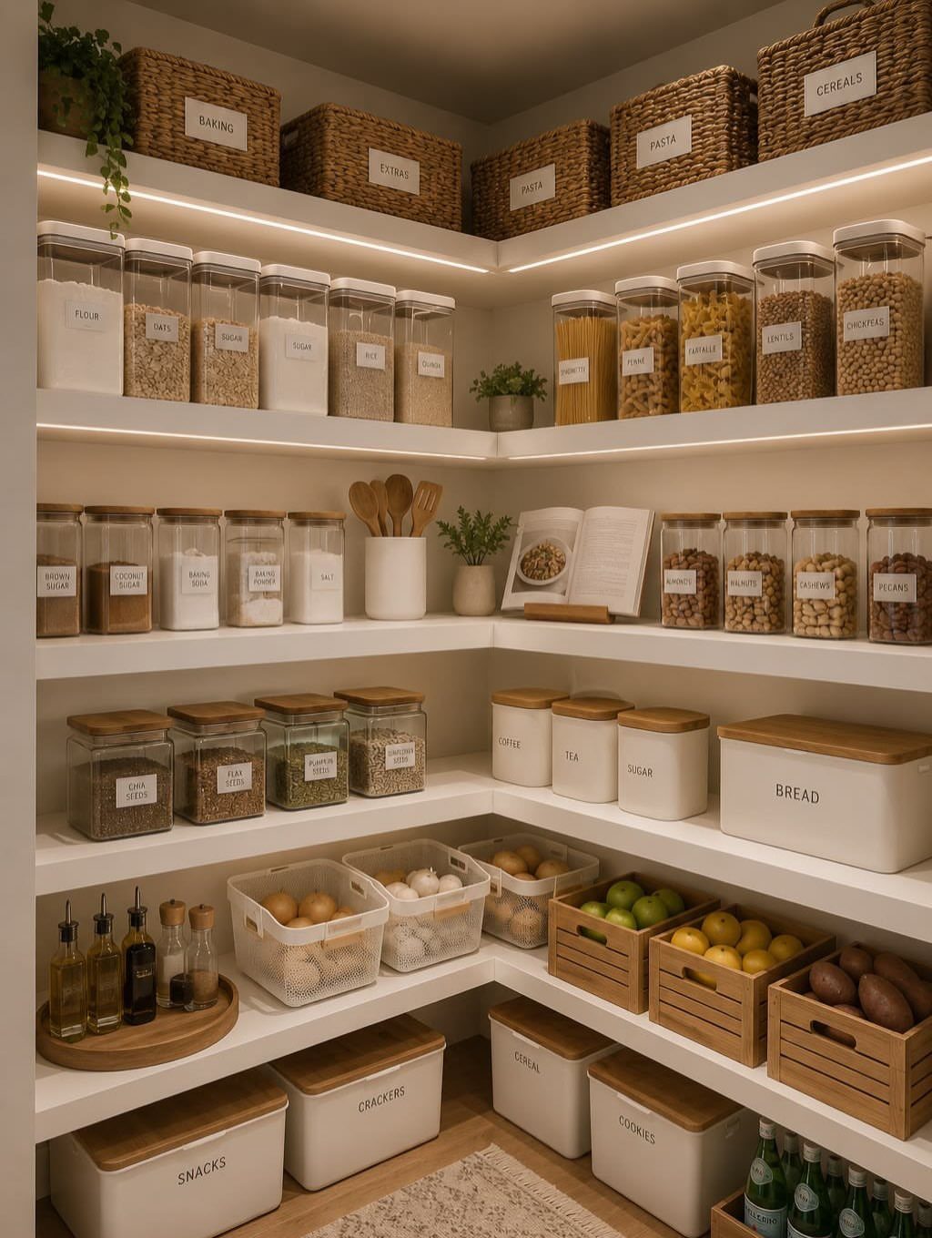 White open pantry shelves filled with organized glass jars, wicker baskets, and wooden crates of produce.