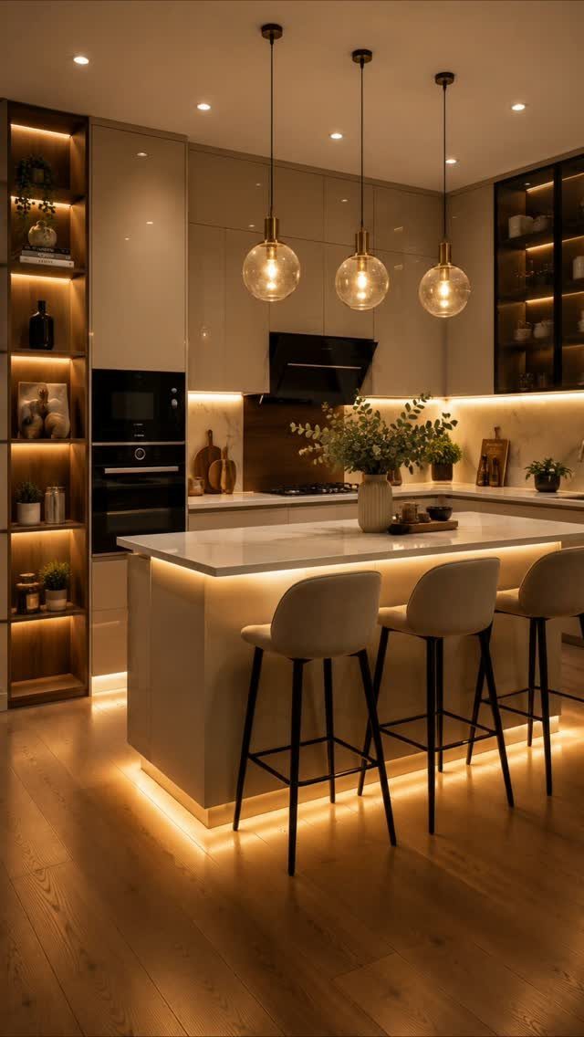 Modern kitchen interior showcasing layered pendant, under-cabinet, and shelf lighting over a white island.