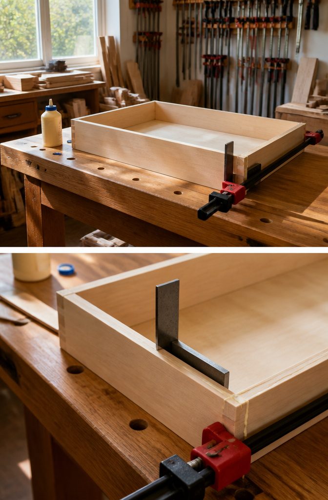 Wood glue applied to joints while assembling a square drawer box.