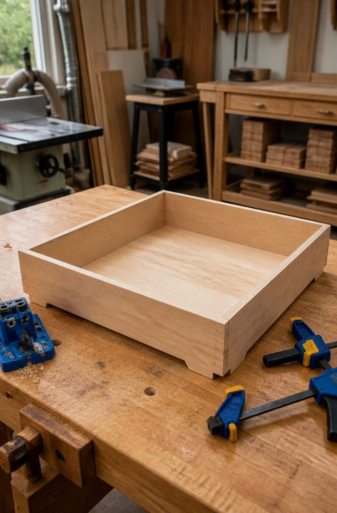 Close-up of a shelf box made from plywood, with visible toe kick notches.