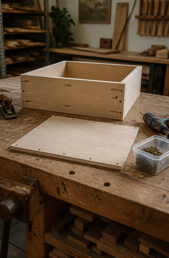 A bottom panel of plywood ready to be attached to a drawer box.