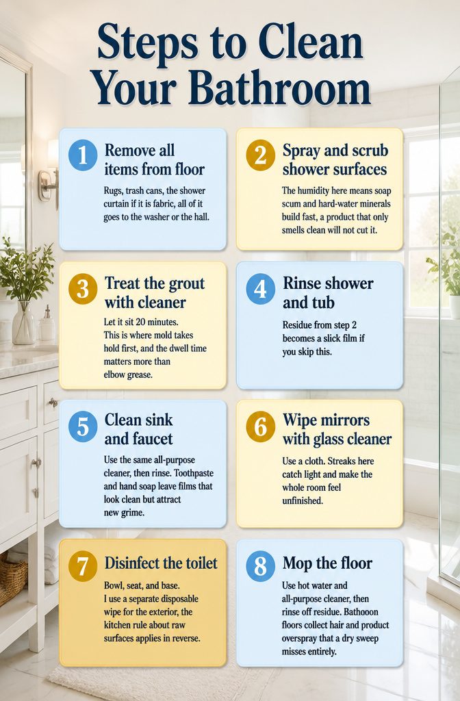 A bathroom with items removed from the floor and tub for cleaning.