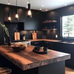 Modern kitchen with matte black cabinets, wooden countertops, and hanging pendant lights over an island.