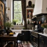 A rustic kitchen with black cabinets, a wooden table, and checkered flooring near a large window.