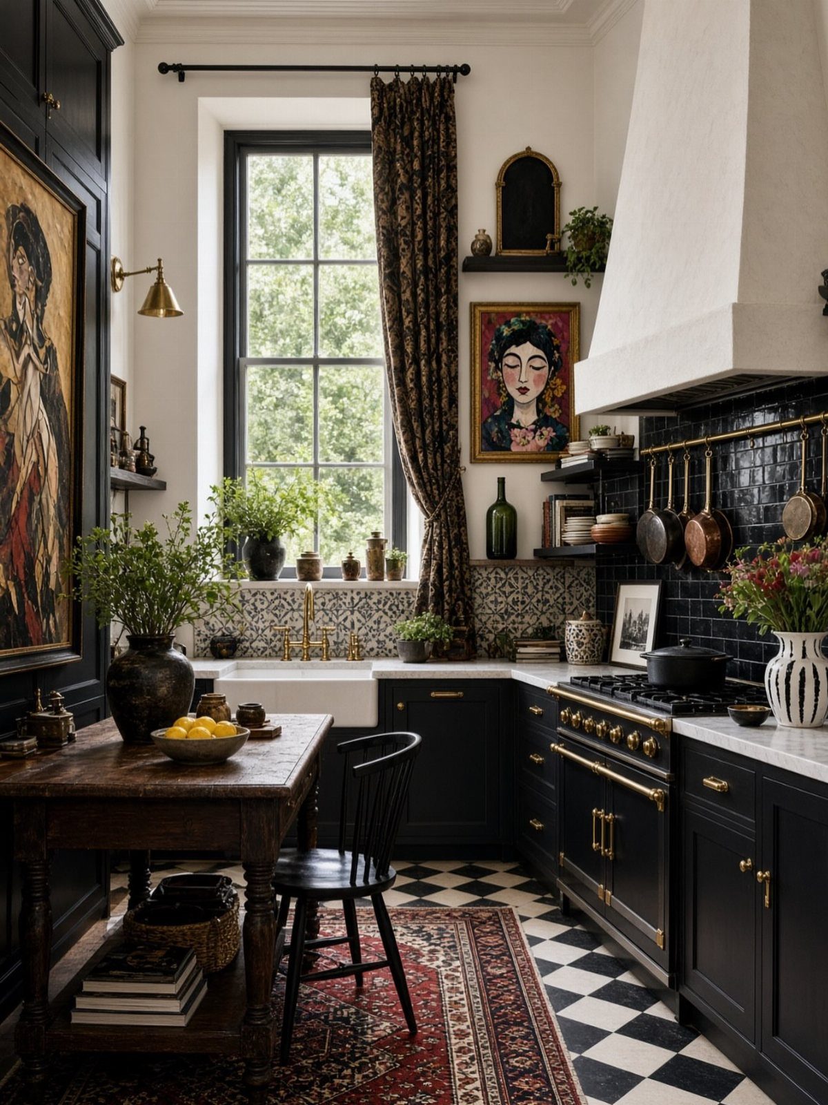 A rustic kitchen with black cabinets, a wooden table, and checkered flooring near a large window.