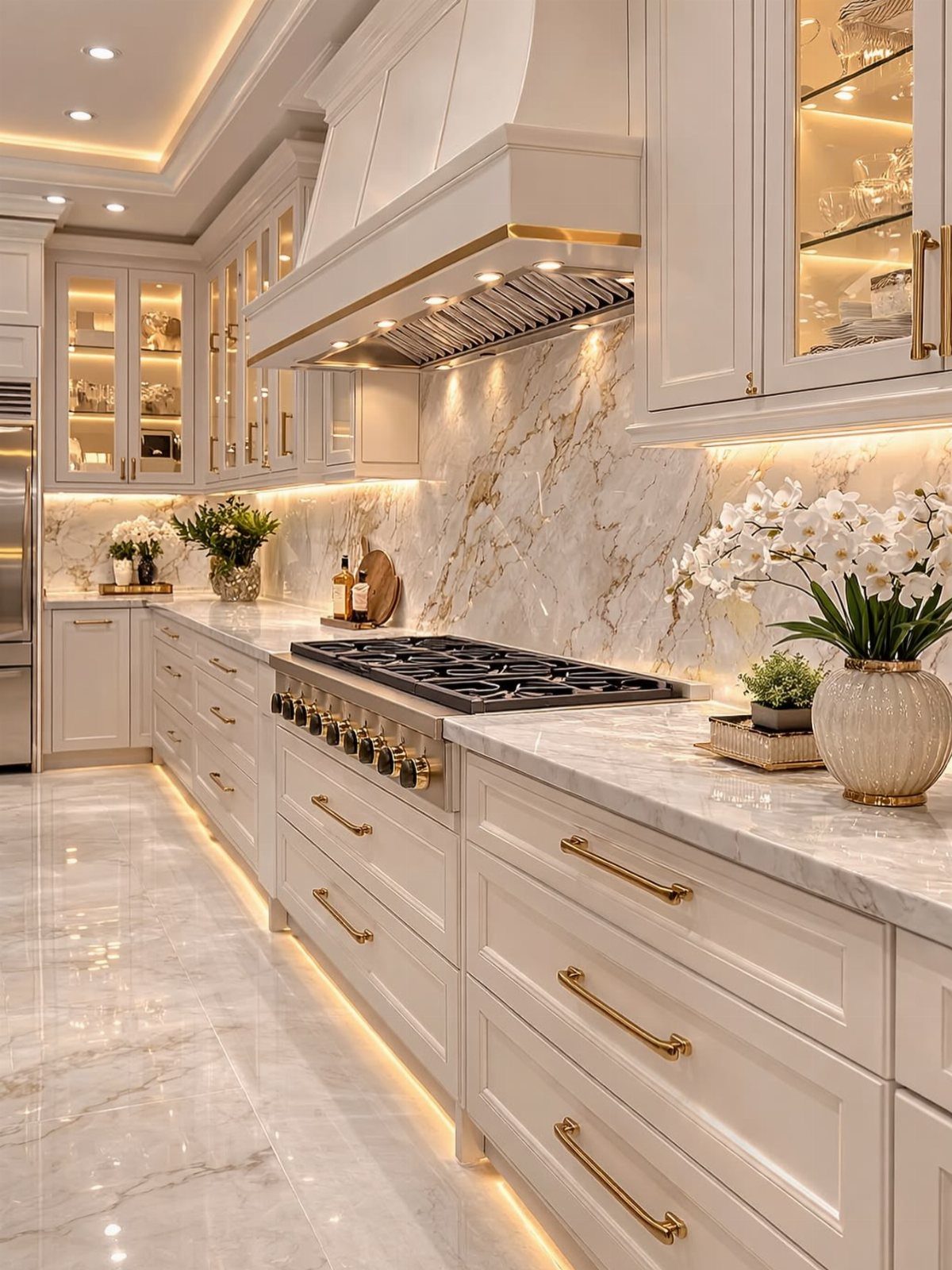White kitchen cabinets with gold hardware and a marble backsplash with gold veining.