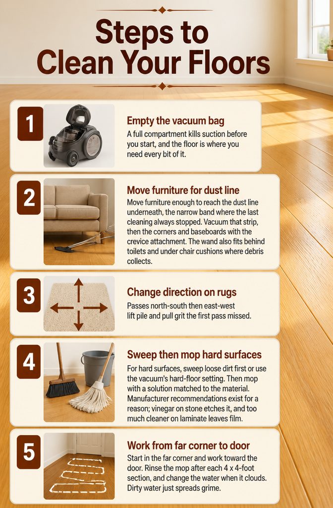 A vacuum cleaner and mop positioned for cleaning floors.