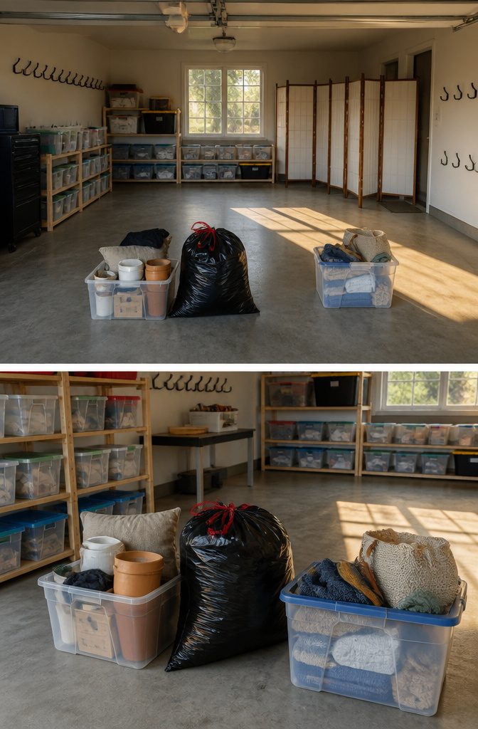 Cluttered garage filled with boxes and bikes.