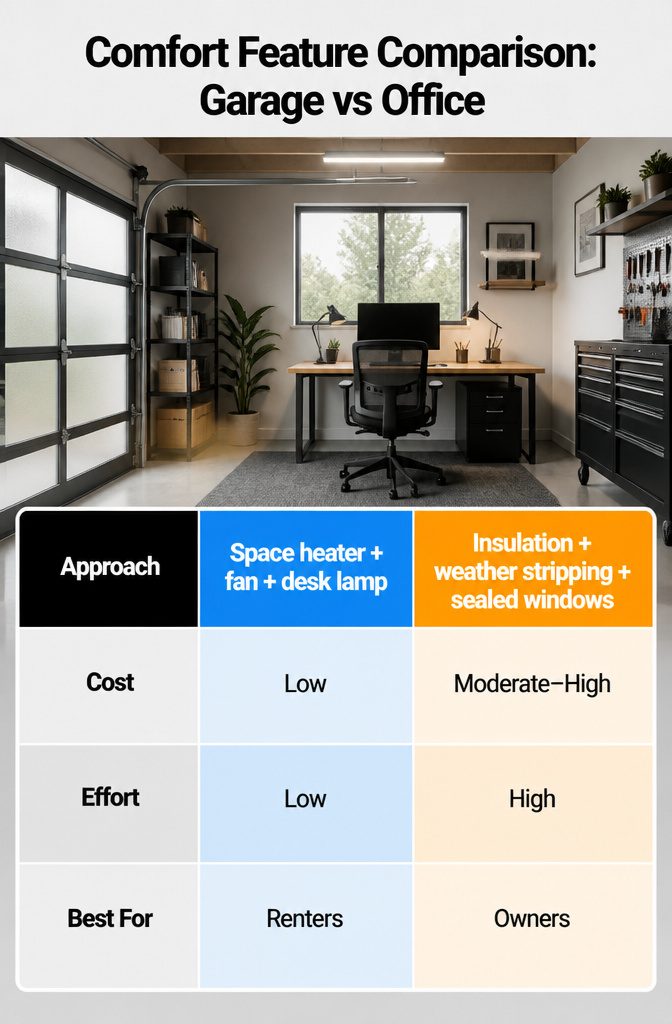 Chart comparing comfort features of garage versus office spaces.