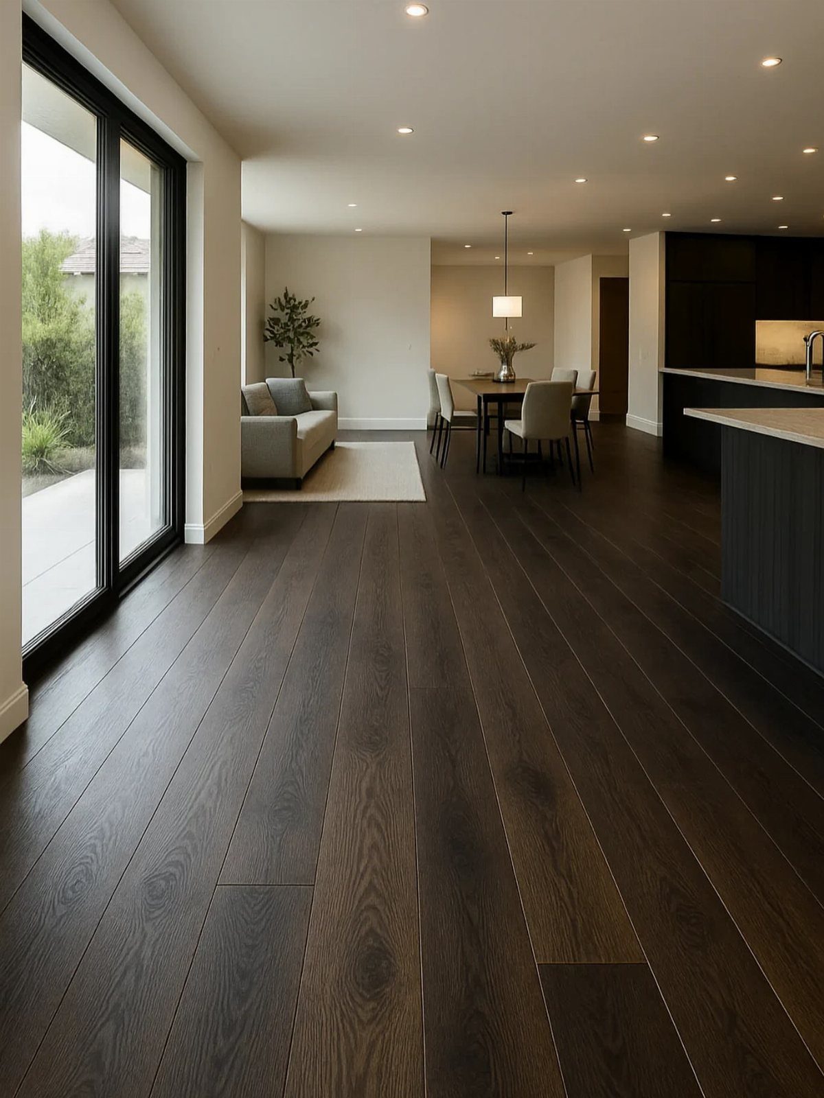 Dark wood plank flooring running continuously through an open concept living and dining area.