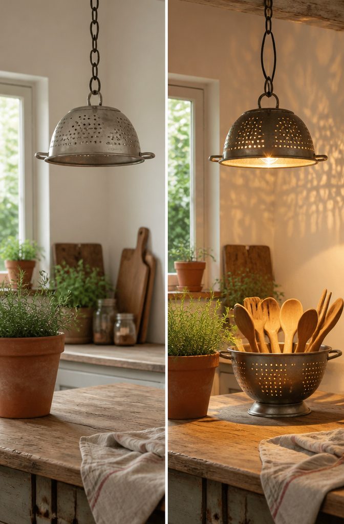 Vintage colanders repurposed as pendant lights and planters.