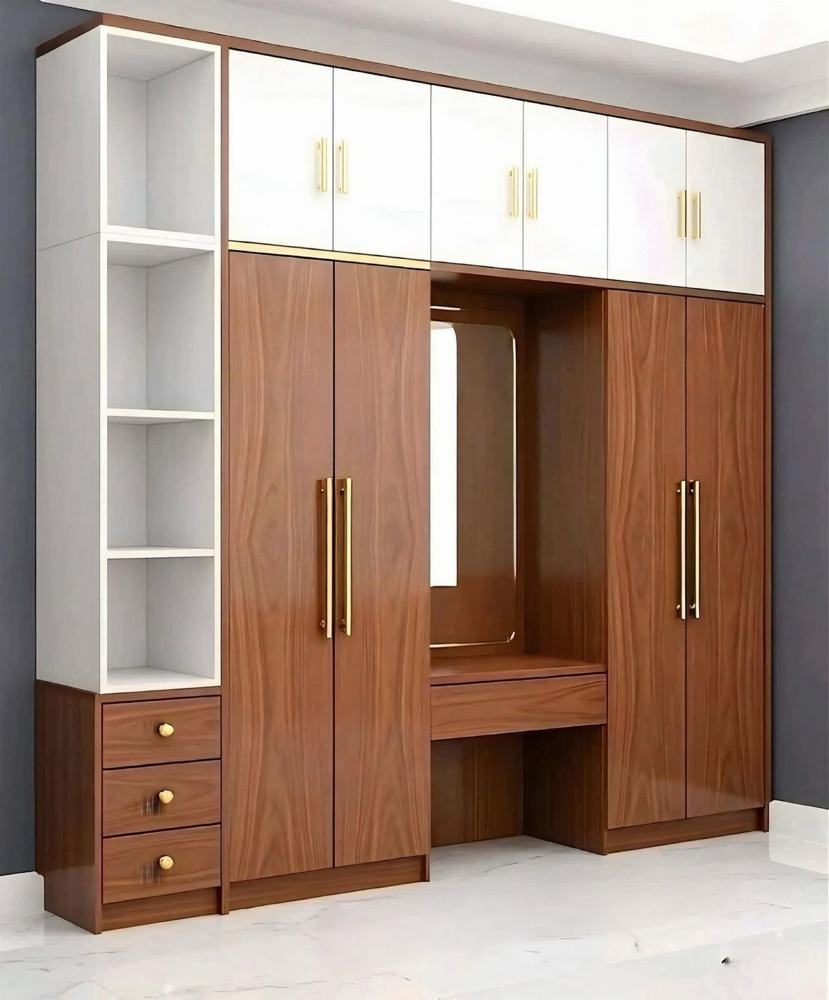 A large wooden wardrobe with white upper cabinets and a central built-in vanity desk.