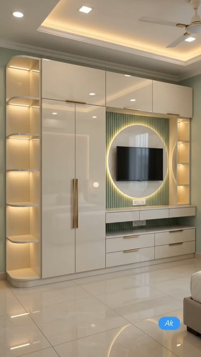 Cream built-in cabinetry unit with integrated lighting, wardrobes, and a central television media console.