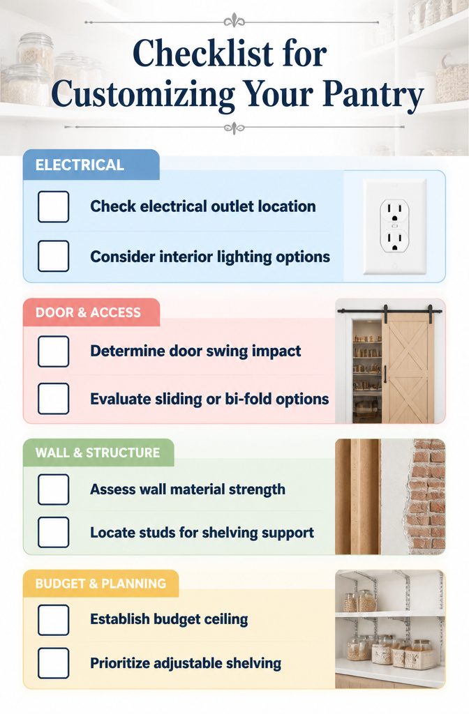Checklist for customizing pantry layout and features.