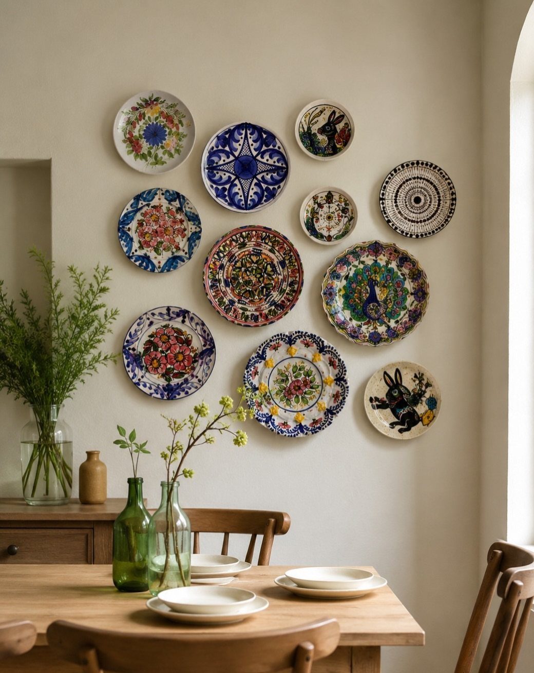Decorative ceramic plates with various colorful patterns and illustrations mounted on a plain wall above a dining table.