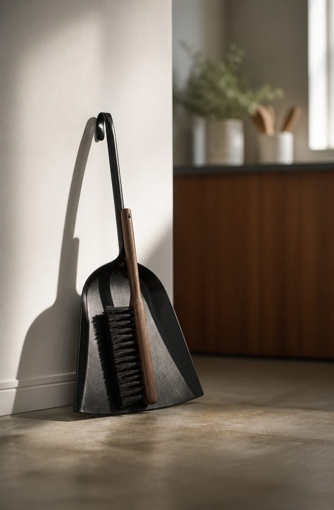 A black metal dustpan and brush leaning against a wall.