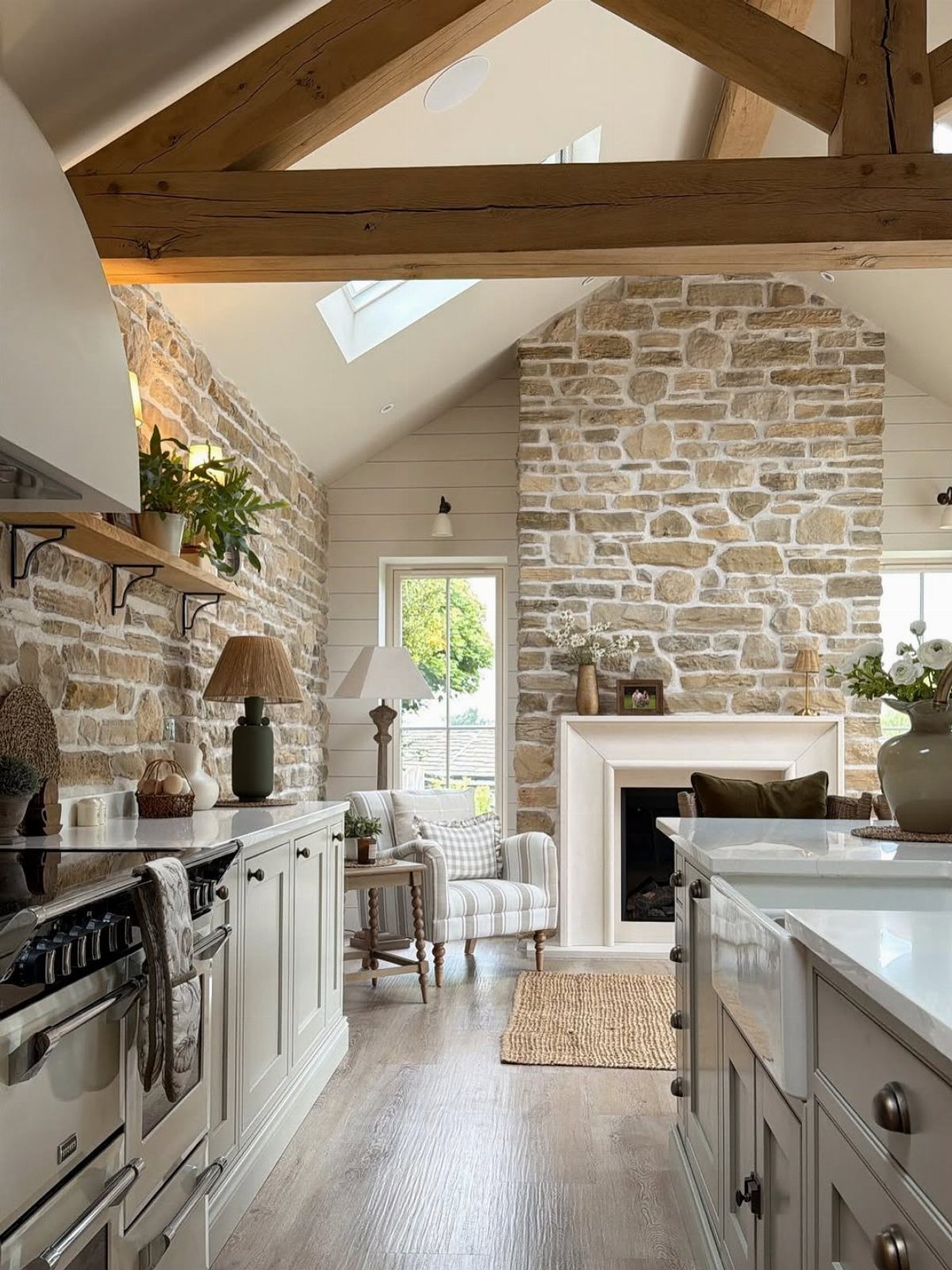 A bright kitchen with exposed stone walls, wooden beams, white cabinets, and a cozy armchair.